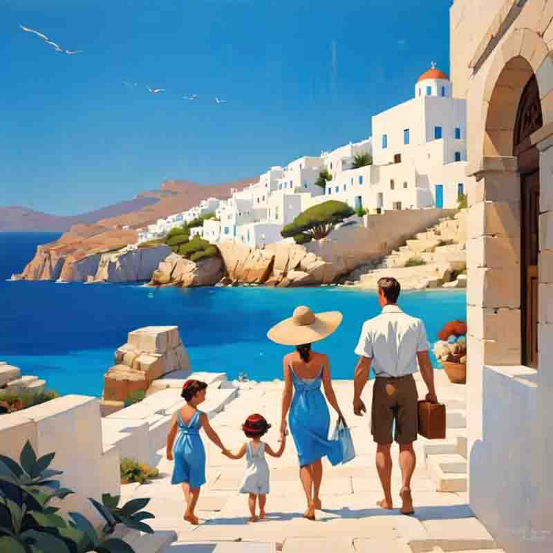 Eine Familie, die auf der griechischen Insel Naxos einen Weg am Meer entlang spaziert.